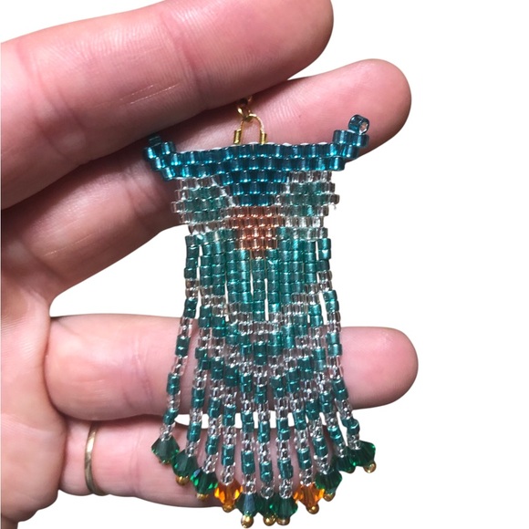 Teal Beaded Owl Fringe Earrings - Picture 1 of 1